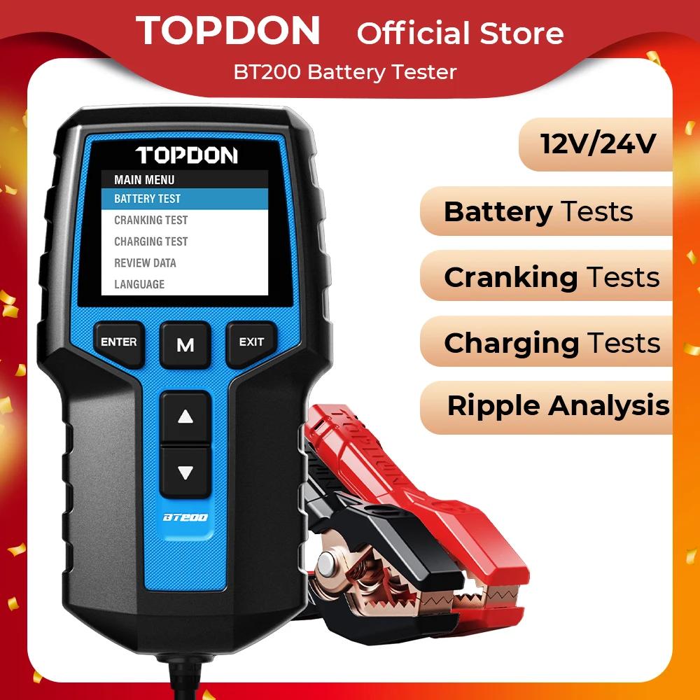 TOPDON BT200 휴대용 배터리 테스터, 자동차용 크랭킹 테스트 도구, 12V 자동차 진단 배터리 모니터 100-2000cca
